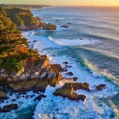 a majestic view of a coastal cliffside with dramatic ocean waves crashing against the rocks below. Include a rugged coastline with lush green vegetation and a vibrant, colorful sunset sky.