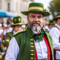 Wall Mural - extreme macro shot traditional Bavarian parade at the Munich Oktoberfest celebrations, featuring participants in historical costumes, marching bands, and decorated floats. The parade captures the