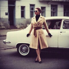 A woman wearing cat-eye vintage sunglasses, fashionable vintage gloves, and a tailored vintage coat, posed against the backdrop of a classic 1950s car in a retro cityscape