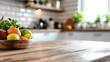© Pinklife - An artistic display of various fruits in a wooden bowl, sitting on a rustic kitchen table with a bright, modern kitchen backdrop, conveying freshness and health.