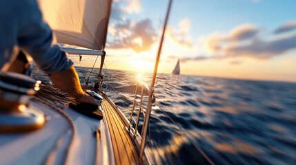 A person navigates a sailboat through ocean waves at sunset, showcasing adventure and serenity as another boat sails in the background under a captivating sky.