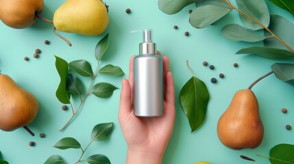 Wall Mural - Hand holding sleek silver pump bottle mockup surrounded by pears peppercorns. Beauty and wellness. Natural skincare product promotion template advertising image. Mock up photorealistic