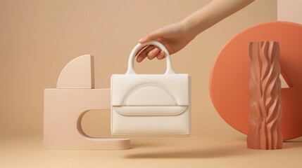 Wall Mural - Hand holding modern white handbag mockup against abstract geometric shapes. Luxury fashion and minimalist design leather bag template advertising image. Mock up product photorealistic