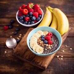 A vibrant healthy breakfast plate with a smoothie bowl topped with chia seeds, fresh berries, sliced bananas, and a sprinkle of granola