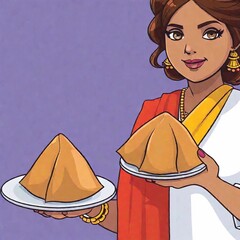 cartoon image illustration of Indian woman holding Samosa against background for copy space