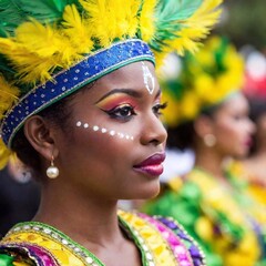 Wall Mural - Extreme Macro, Rack Focus, Eye Level Shot: A profile view of a Samba dancers face, highlighting the expressive eyes and festive face paint, with the vector style enhancing the vibrant colors and