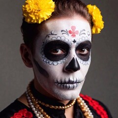 dia de los Muertos Senor Bones Mens Costume and  photo-realistic sugar skull face paint, captured at eye level with shallow focus