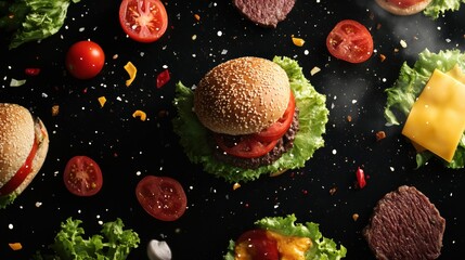 Poster - Fresh ingredients for a delicious burger are artfully arranged with lettuce, tomatoes, cheese, and meat on a dark surface for easy preparation. Generative AI