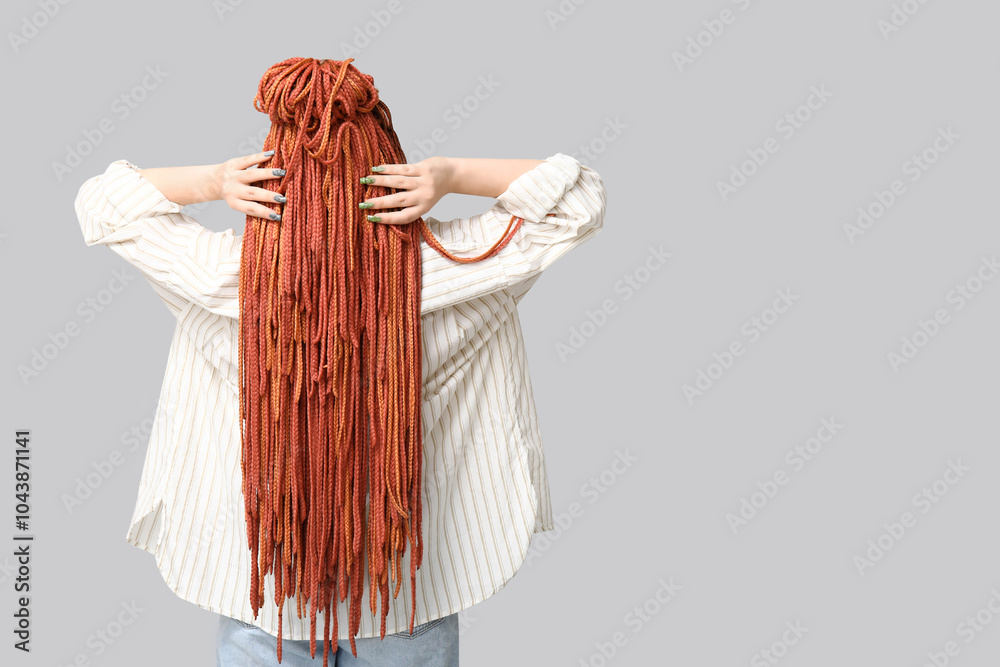 Young woman with dreadlocks on grey background, back view