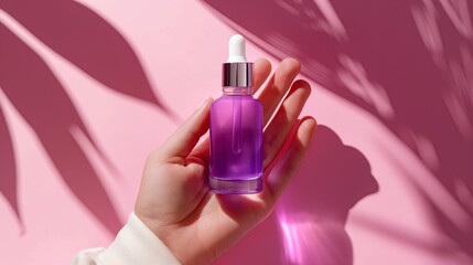 Wall Mural - Hand holding purple dropper bottle mockup against pink wall with leaf shadows. Beauty and skincare product presentation template advertising image. Cosmetic mock up photorealistic