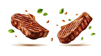 Poster - Realistic Collection of Rare Grilled Steaks Flying in Mid-Air Generative AI