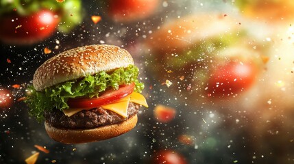 Poster - Juicy burger surrounded by vibrant ingredients, capturing the essence of classic fast food with a playful splash of colors. Generative AI