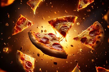 Poster - Pepperoni pizza slices soar through the air, generating excitement and energy in a striking background, ideal for a fun culinary project. Generative AI