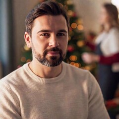 young man with beard smiling at camera in christmas interior