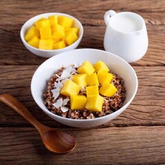 A refreshing breakfast setup with a bowl of quinoa porridge, topped with fresh mango cubes, coconut flakes, and a drizzle of almond milk