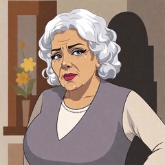 vector image featuring sad old Latina woman with grey hair. Cemetery visits during Dia de los Muertos