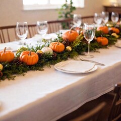 A low-angle shot of a beautifully arranged Thanksgiving dinner table setup, captured in a medium close-up with a rack focus. The photo emphasizes the height and grandeur of the centerpiece and the