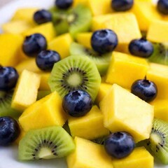 Wall Mural - extreme close-up of a fruit salad featuring mango, blueberries, and kiwi, using rack focus to draw attention to one fruit while gently blurring the rest