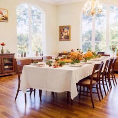 A long shot watercolor painting of a Thanksgiving dinner table, presented at eye level with a shallow focus. The table is adorned with classic holiday dishes and decorations, with the soft hues and