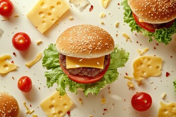Poster - A perfectly assembled burger sits atop a bed of lettuce, accompanied by scattered cheese, tomatoes, and other fresh ingredients. Generative AI