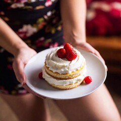 Wall Mural - A close-up of a person holding a layered strawberry shortcake with fresh berries and whipped cream, with the cake and hands in sharp focus and the blurred background highlighting the fresh, inviting