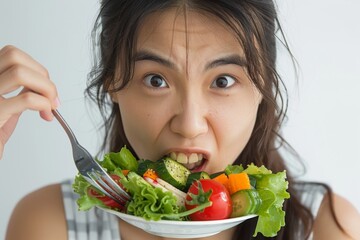 Asian woman on a diet, grimacing at vegetables on her fork, white background