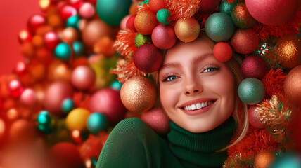 A close-up portrait of a smiling and confident girl with colorful Christmas baubles in her hair, standing in front of a solid background, with vibrant and cheerful colors in the spirit of New Year's