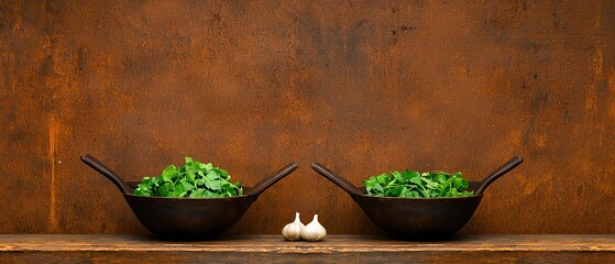 Two bowls of fresh green leafy vegetables with garlic on rustic wooden table against a textured brown background