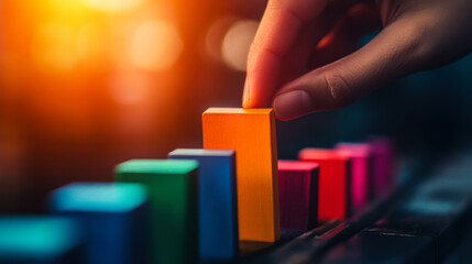 A person stacking colorful wooden blocks during a creative play session in a warmly lit room