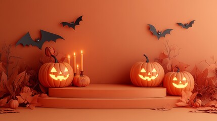 Product display podium with 3D Jack O' Lantern pumpkins and glowing candles, set against an orange paper graphic background for Halloween