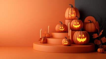 Product display podium with 3D Jack O' Lantern pumpkins and glowing candles, set against an orange paper graphic background for Halloween