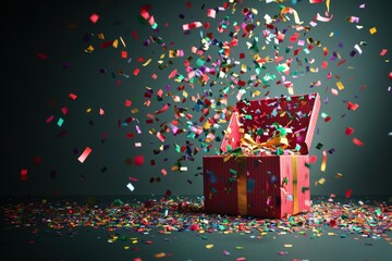 Poster - The open gift box releases a burst of colorful confetti and ribbons, filling the surroundings with a festive and joyful ambience. Generative AI