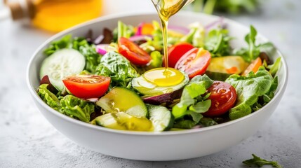 Poster - A bowl of fresh salad with mixed greens, tomatoes, cucumbers, and red onion being drizzled with olive oil.