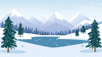 Wall Mural - Mountain landscape winter snowy day with lake and forest. Vector illustration of winter landscape with beautiful mountains, lake, forest and trees covered with snow.