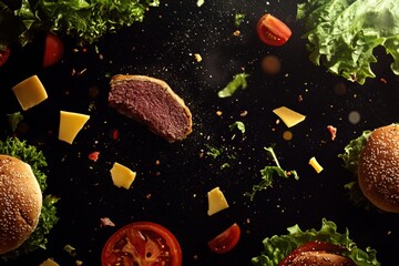 Aufkleber - Fresh ingredients for a delicious burger are artistically scattered against a dark background, showcasing vibrant lettuce, tomatoes, and cheese. Generative AI