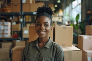 Happy young black female Handling shipping and logistics in startup company office