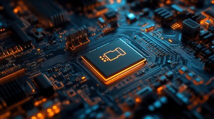 Poster - A glowing orange CPU with a data icon on a circuit board.