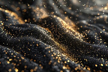Poster - Golden particles gently cascade across a rich, dark fabric, creating a mesmerizing visual effect. The interplay of light and texture brings depth and elegance to this captivating composition.