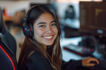 Portrait of a smiling young hispanic female IT support worker in startup company office