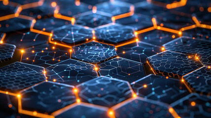 Poster - The image depicts a close-up view of intricate hexagonal patterns on a dark surface, illuminated by glowing orange light. The design showcases a modern and technological aesthetic.