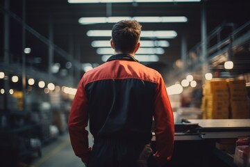 Rear view of a quality assurance technician working in a factory