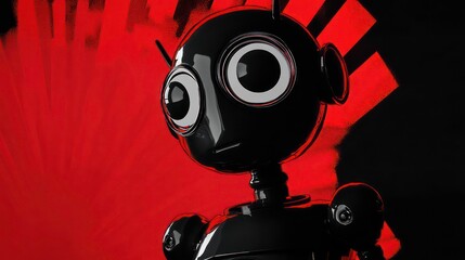 Aufkleber - A black robot with large eyes and an antenna on its head stands in front of a red and black background.