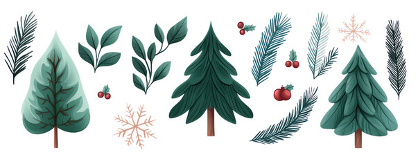 Various green leaves and trees on a white isolated background. transparent background