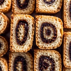 An extreme close-up of Polish Christmas Eve pastries, highlighting the texture and decoration of traditional sweets like pierniki (gingerbread) and makowiec (poppy seed roll) on a flatlay surface