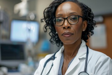 Wall Mural - Portrait of a middle aged African American female doctor in hospital