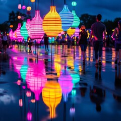 Wall Mural - Neon-colored floats casting vibrant reflections on the streets during a festival lights parade