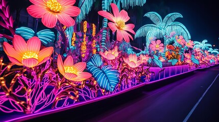 Wall Mural - Neon-lit floats covered in glowing vines and flowers, creating a jungle-themed parade