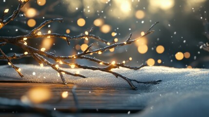 Sticker - Snow-Covered Branches with Warm Festive Lights on Wooden Surface in Winter