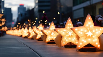 Wall Mural - Parade floats covered in glowing stars, creating a constellation of light in the city streets