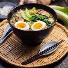 Japanese Vegetable Ramen: A steaming photo of a bowl of vegetable ramen, featuring noodles, assorted vegetables (like bok choy and mushrooms), soft-boiled eggs, and a sprinkle of sesame seeds.